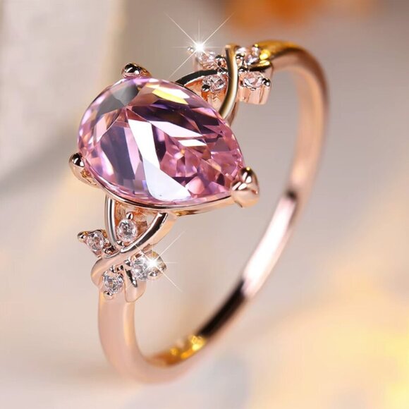 NEW 14k Rose Gold Pink Sapphire Pear Cut Diamond Ring Tear Drop Ring - Picture 4 of 5